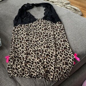 Leopard Print Lace Sexy Stripper Dress Pink Bows Black Lace Women’s Size S Small